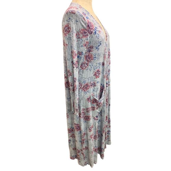 Small LulaRoe Womens Sarah Duster Long Cardigan Gray Floral Pockets - Picture 6 of 8